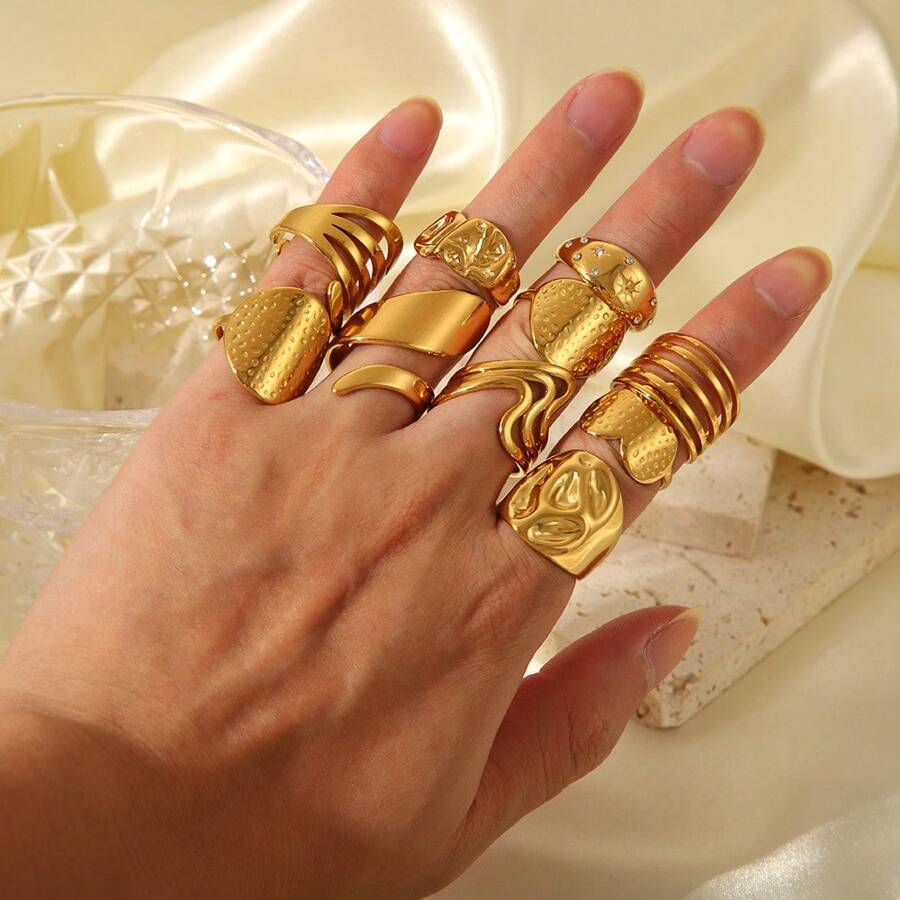 1pc Stainless Steel Fashionable Open Ring For Women, 18K Gold Plated Ring