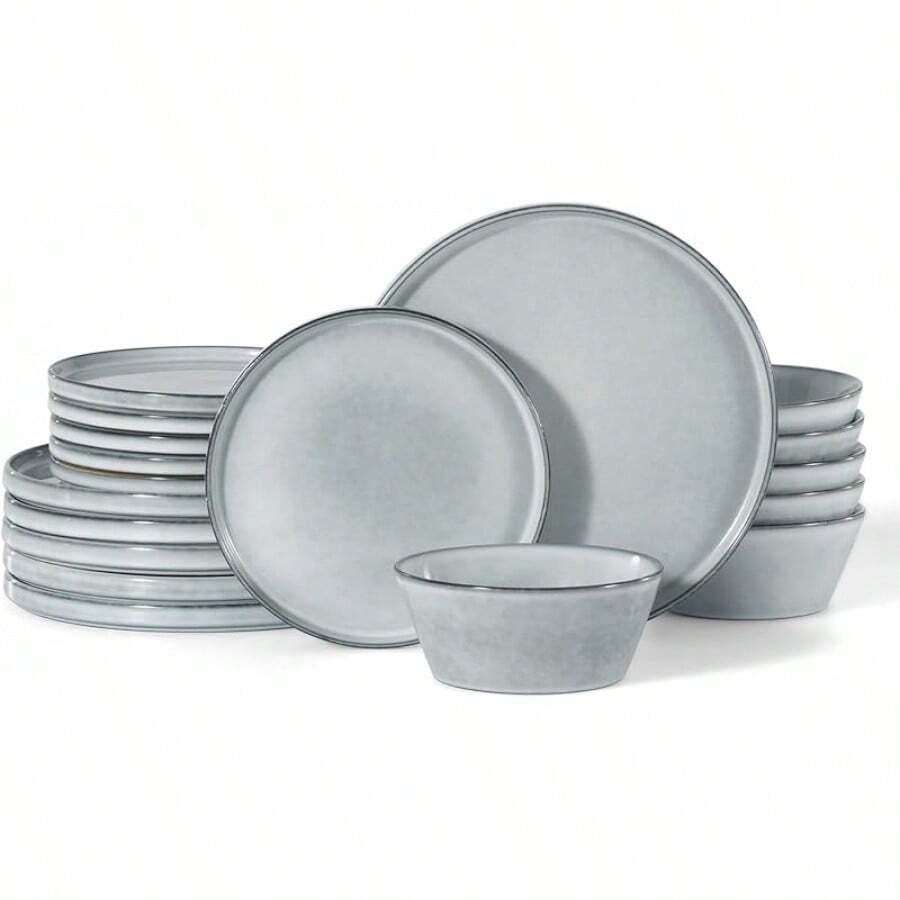 Famiware Saturn Dinnerware Sets, Plates And Bowls Sets For 4, 12 Pieces Stoneware Dish Set - Chip And Scratch Resistant, Microwave And Dishwasher Safe Tableware Set, Light Green With Brown Rim