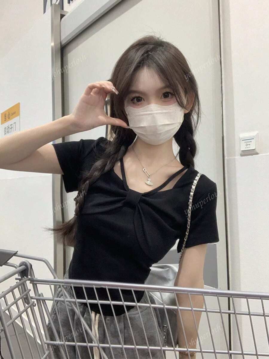 Unique Square Neck Short Sleeve T-Shirt, Bow Detail Design, Slim Fit & Flattering