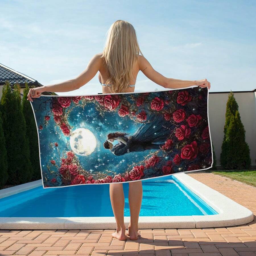 1 pieza Toalla de baño de secado rápido Serie de hermosos paisajes bajo la luna, moderna y simple, toalla de playa absorbente para uso diario, esencial de playa
