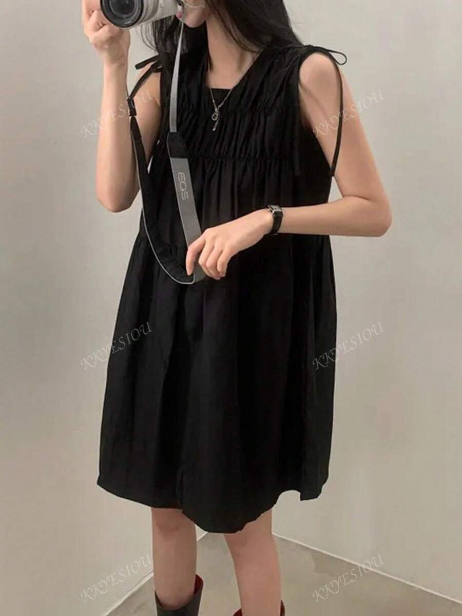 Petite Women's Vintage Pleated Bowknot Sleeveless Backless Mini Dress, Summer