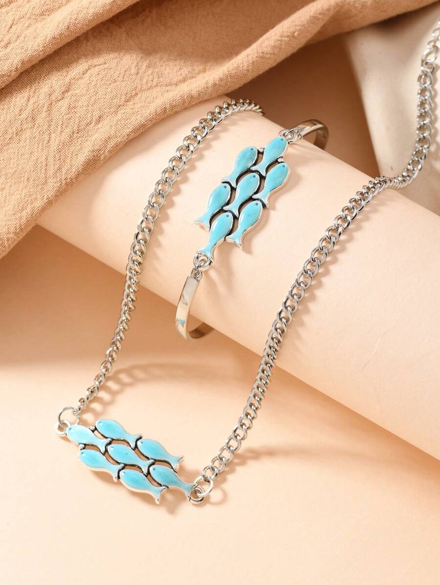 2pcs/1pc Set Ocean Series Small Fish School Zinc Alloy Necklace & Bracelet Set, 3D Vivid Small Fish Design, Oil Painting Technique Bright Colors, 2 Colors Available, Suitable As Best Friend Jewelry Set, Distinctive Stylish Design