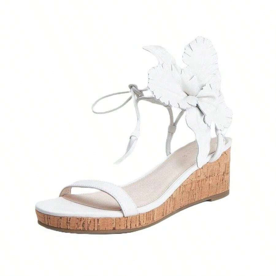 Cecelia New York Lala Alabaster Cork Flower Tie Up Open Toe Heel Wedge Sandals