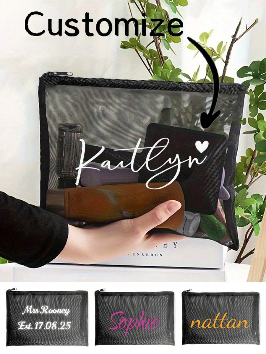 Personalized Name Black Makeup Bag Bridal Shower Bachelorette Party Bride Future Wife Wedding Engagement Bridesmaid Bridesmaid Bride Groom Mother Gift Makeup Bag, Mesh Bag, Mesh Beauty Bag, Must-Have For Postmen, Must-Have For Back To School, Suitable For Travel, Vacation, Wedding, College, Mother's Day Gift