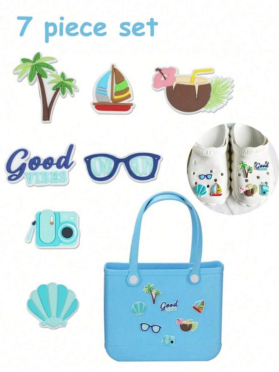 Rubber Beach Charms For Bag Bags Inserts,Fashionable Blue Tropical Island Beach Themed Charm Inserts,Bag Accessories&Shoe Accessories For Clogs,PVC Rubber Totes Inserts Charm,Rubber Beach Bag,Tote Handbag Decoration For Beach Party Favors