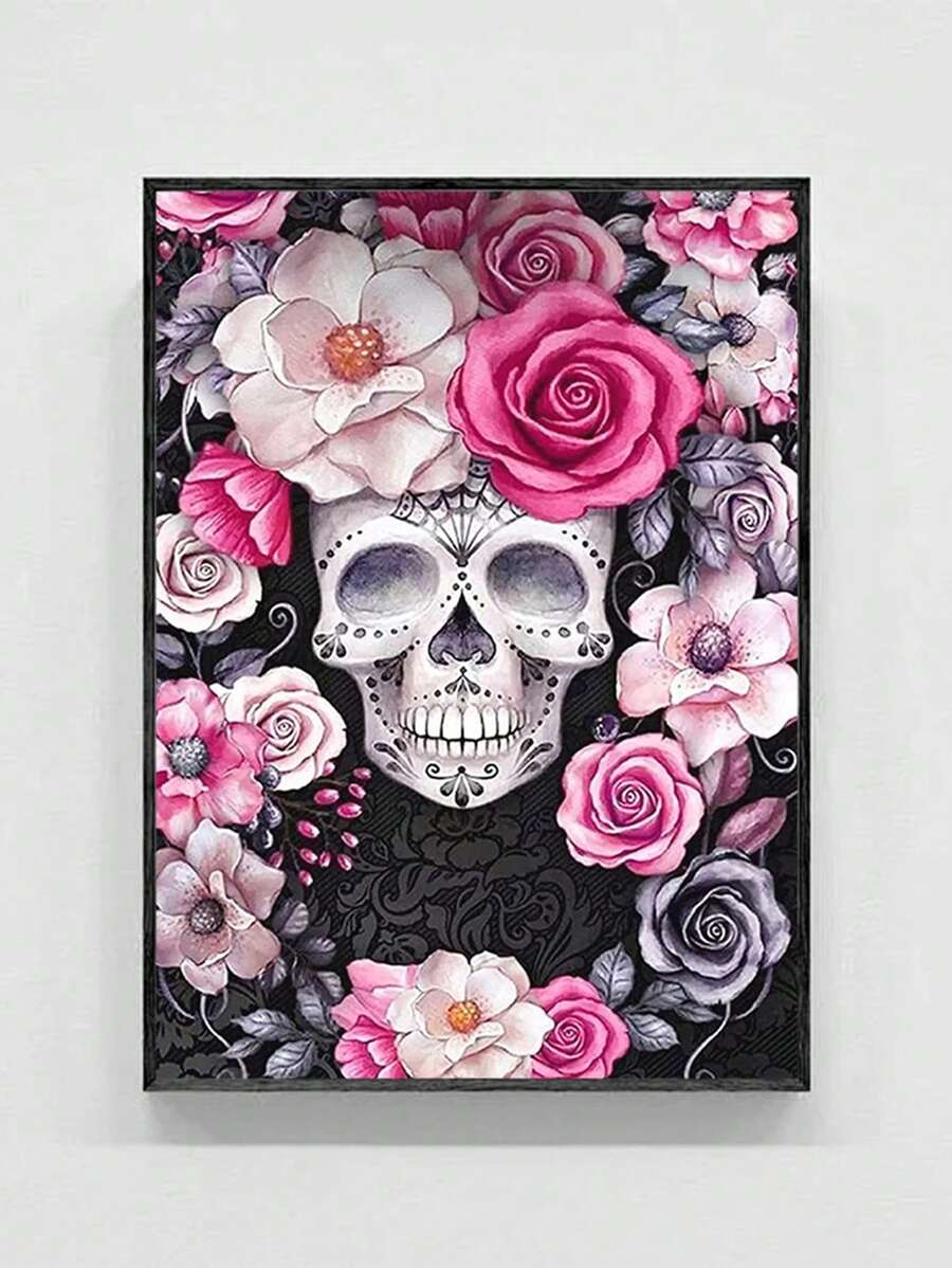 Peinture de diamant 5D Fleur glamour Crâne, œuvre murale d'intérieur, Broderie de diamant créative DIY, Décoration de salon à forage complet, Sticker mural vertical/horizontal, Nouveau cadeau d'arrivée, Affichage éclatant des couleurs