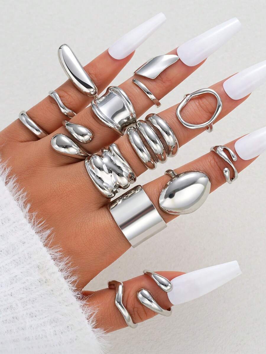 14 pièces Bagues en métal coulé asymétriques de style vintage élégantes, minimalistes et raffinées. Idéal pour les festivals, les vacances, les fêtes, les sorties et le port quotidien.