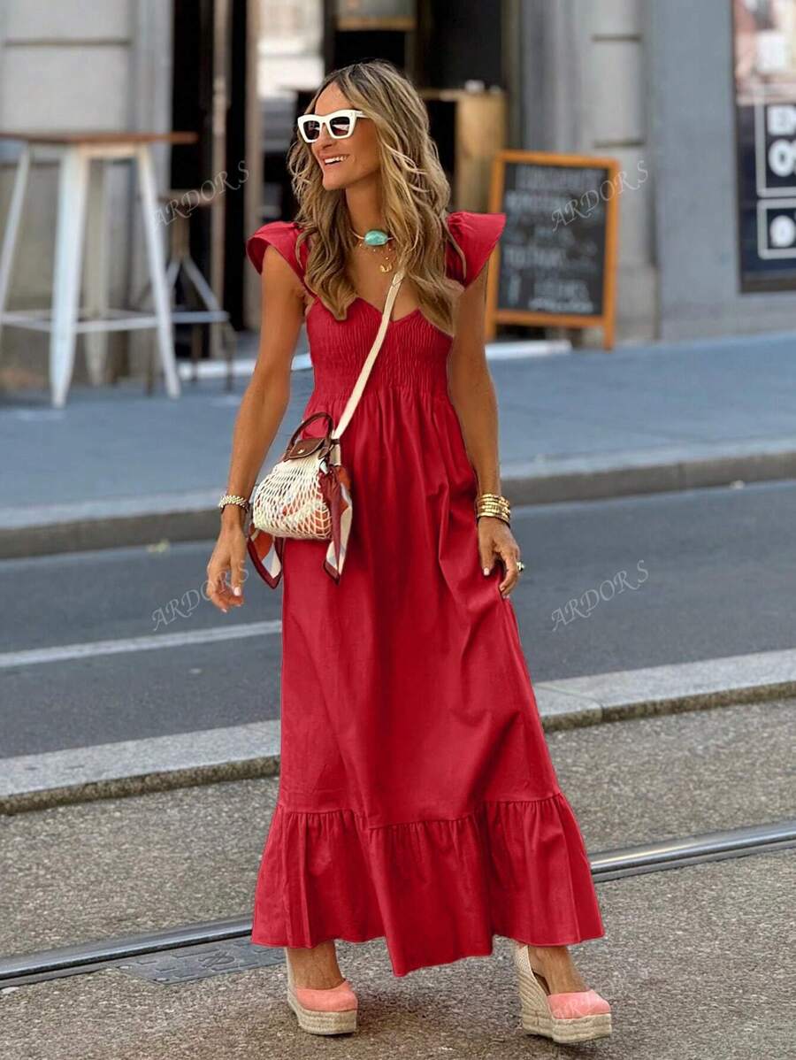Vestidos de primavera y verano para mujeres, vestido de vacaciones rojo, moda casual, vestido sencillo y cómodo sin tirantes, diseño elegante con mangas de vuelo, vestidos largos para mujeres