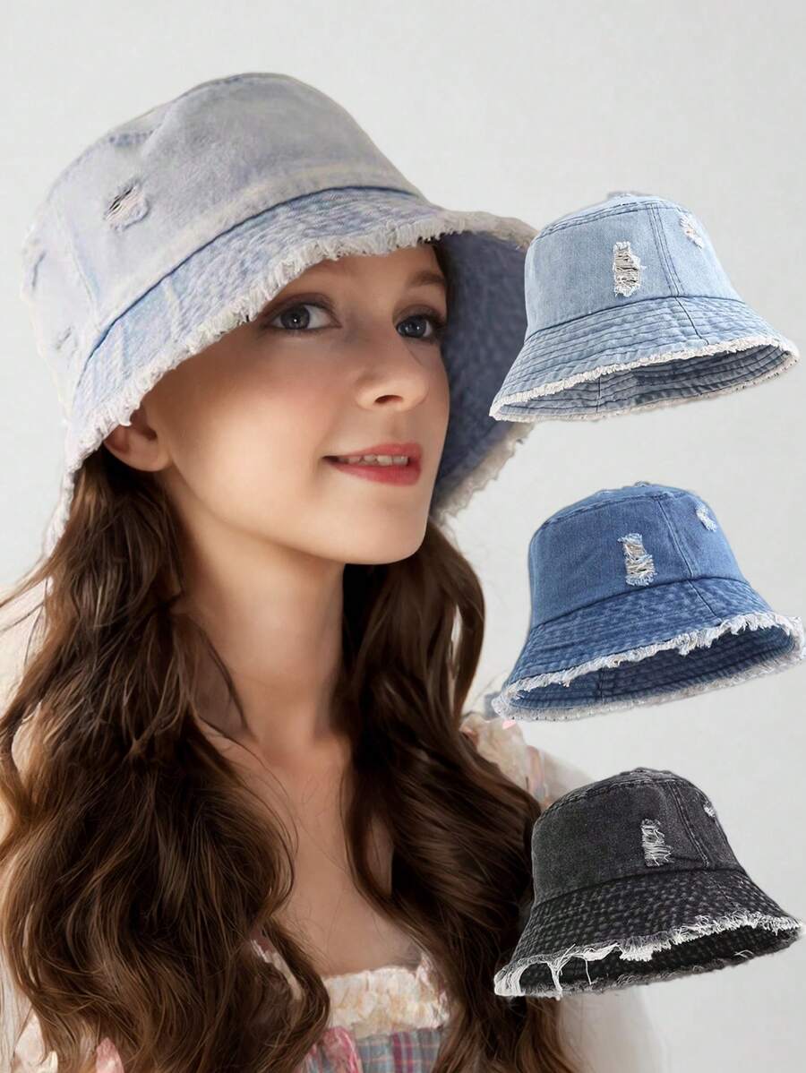 1 pieza Sombrero tipo cubo vintage lavado con borde deshilachado y estilo coreano lindo para mujer, protección solar, moda minimalista para pareja/campus/estudiante, apto para primavera, verano, otoño, uso diario y al aire libre