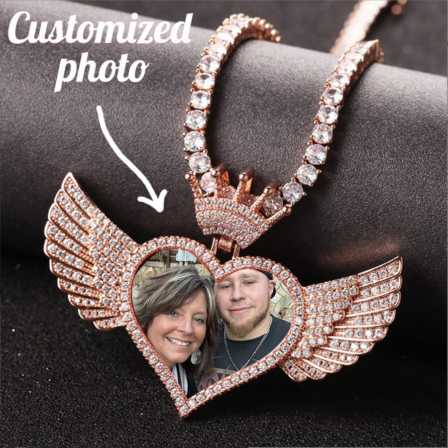 Customized Photo Personalized Crown Angel Wings Gemstone Engraved Heart Tag Photo Necklace, Stainless Steel Gift For Loved Ones, Wedding Anniversary, Valentine's Day, Jewelry Accessory