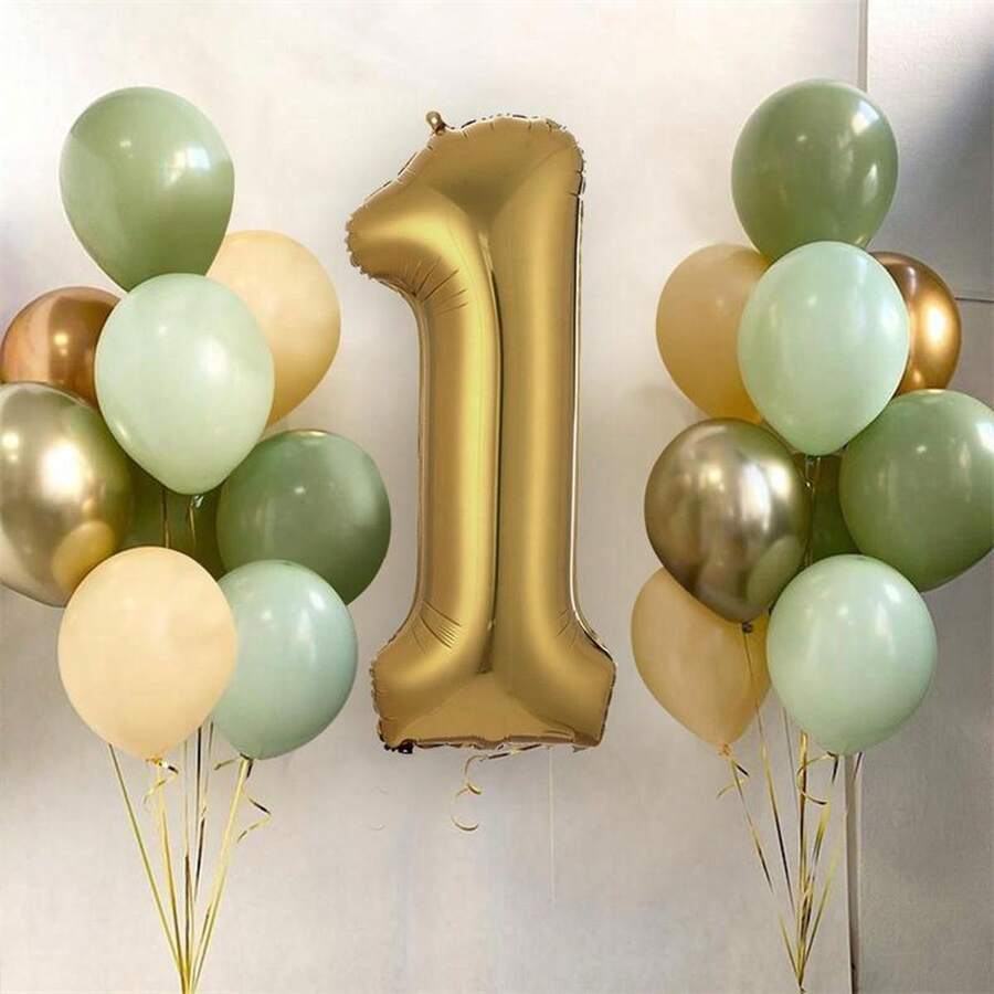 20pcs/Set 32 Inch Gold & Olive Green Theme Party Decorative Foil Balloons, Includes 1-6 Numeric Foil Balloon Set, For Birthday Outdoor Decorations