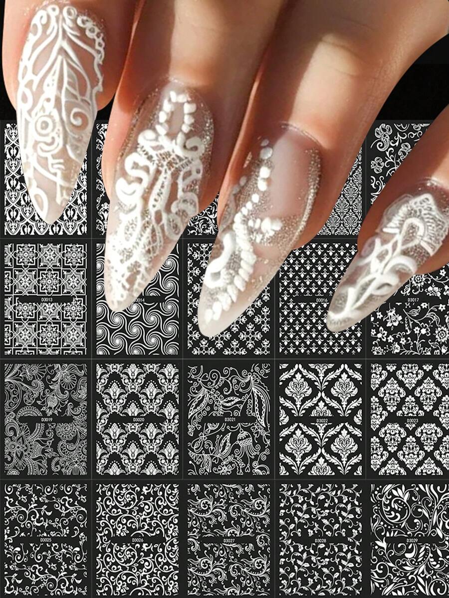 30 Sheets European Style Flower Embossed 3D Nail Art Stickers & Decals(White),Self-Adhesive White Lace Foral Vine Relief Design Nail Art Stickers,Asymmetrical Geometric Shapes Glitter Embellishment,Spring And Summer Flower Nail Art Decorations For Women And Girls