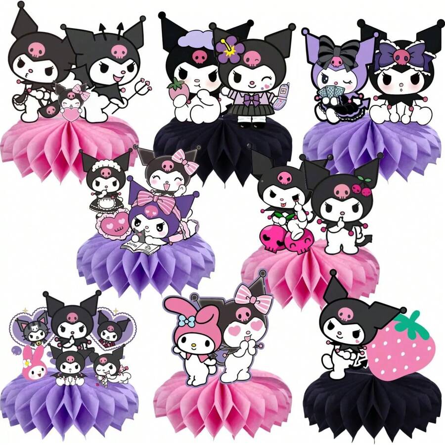 Sanrio 8pcs Sanrio Kuromi Party Decorations Set, Double-Sided Paper Honeycomb Tabletop Decor, Battery-Free, Suitable For Birthday Parties, Classroom Decorations Etc.,Classroom Decor,Office Decor,Room Decor,Home Decor,Wall Decor,Bathroom Decor,Bedroom Decor,Room Decoration Stuff,Posters,Back To School,School Supplies