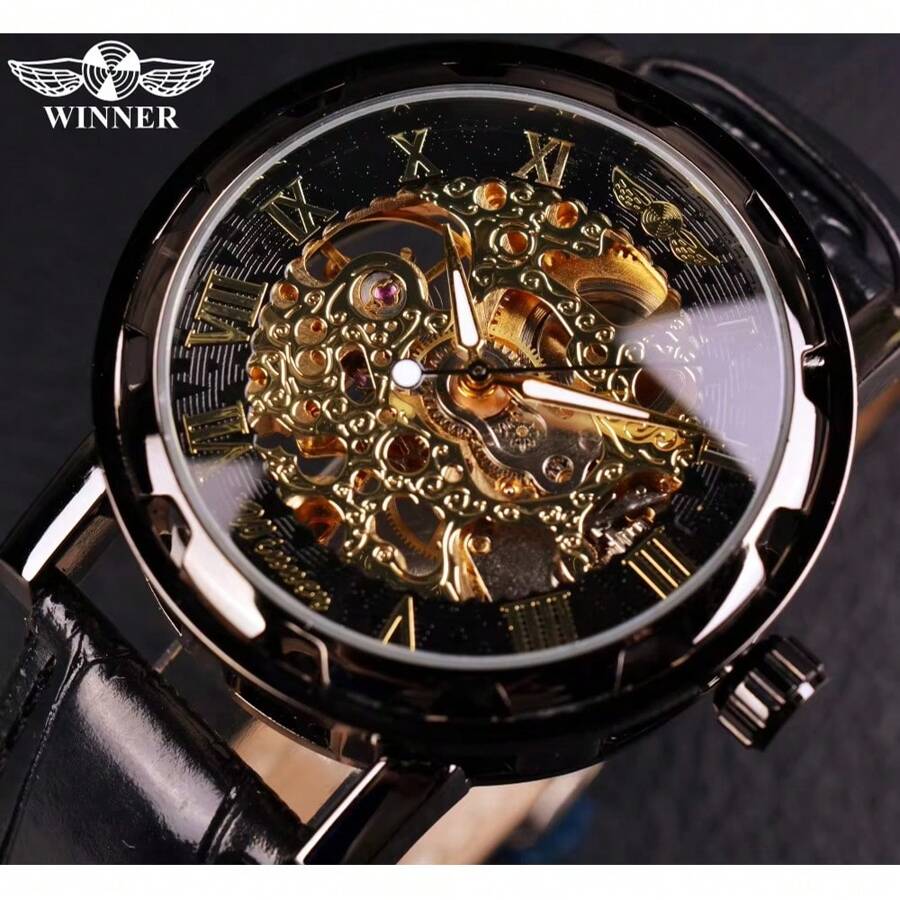 T-WINNER Winner Black Gold Male Clock Men Skeleton Men Watches Top Brand Luxury Leather Wristwatch Men Mechanical Watch
