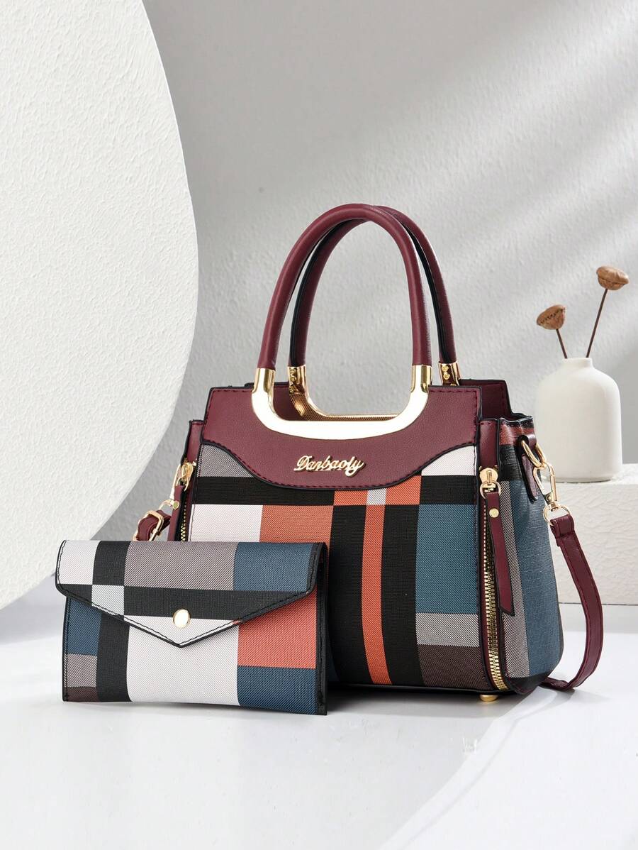 2pcs/Set High-Quality Plaid Pattern Ladies Handbags, Fashion Casual Shoulder Bag, Tote Bag, Large Capacity Work Bag, Suitable As Birthday/Mother's Day Gift, Elegant Style