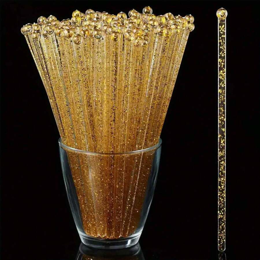 100/50/10 unidades Varillas de mezcla doradas elegantes con purpurina, agitadores de cóctel de cristal transparente - Perfectas para cócteles, postres y café - Ideal para Navidad, bodas, cumpleaños y talla grande - Mezclador de plástico duradero de 7.24 pulgadas