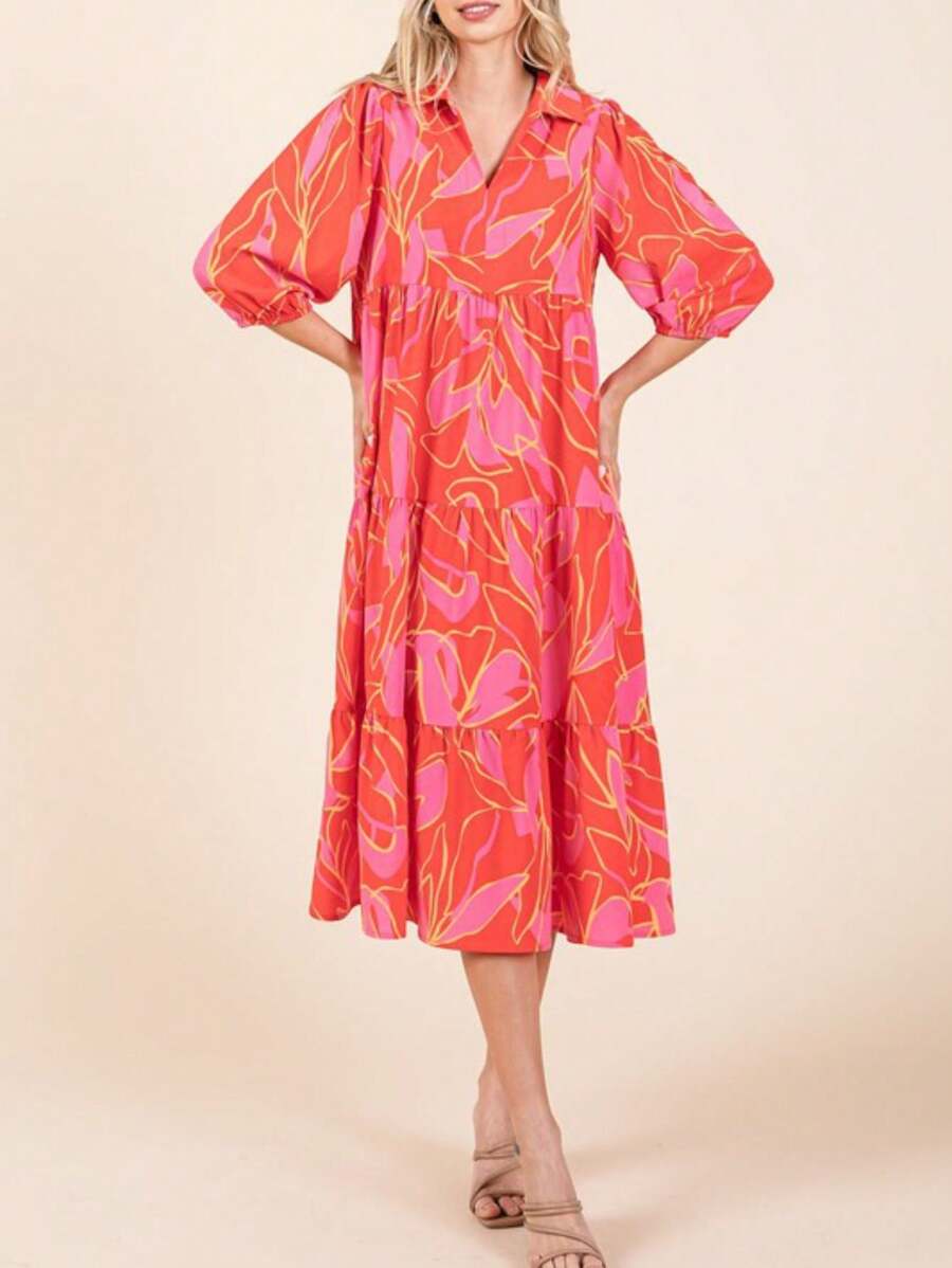 Womens Casual Boho Chic Floral Print Tiered Midi Dress Tropical Orange Pink Abstract Pattern V Neck Three Quarter Puff Sleeve Loose Fit Summer Beach Vacation Party Dress