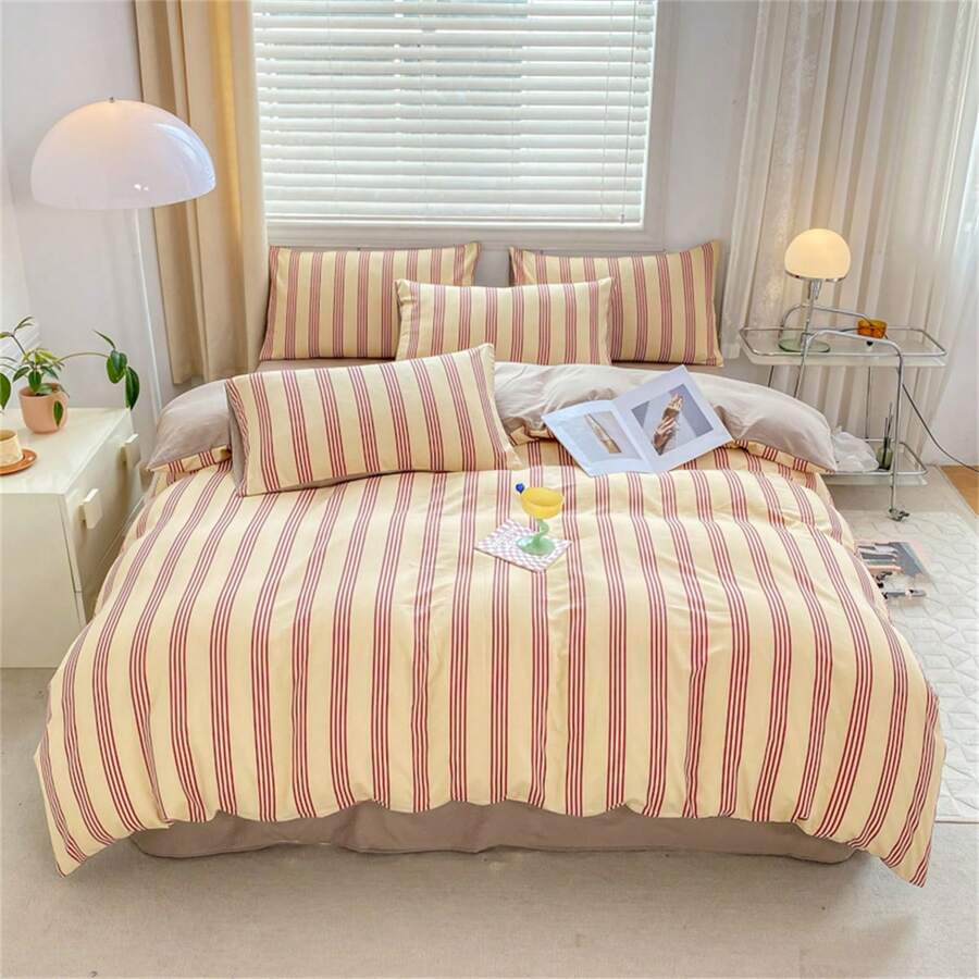 Conjunto de Roupa de Cama 4 Peças (Sem Enchimento), Estampa Floral Listrada Estilo Esportivo Poliéster Macio, Utilização em Todos os Ambientes do Quarto