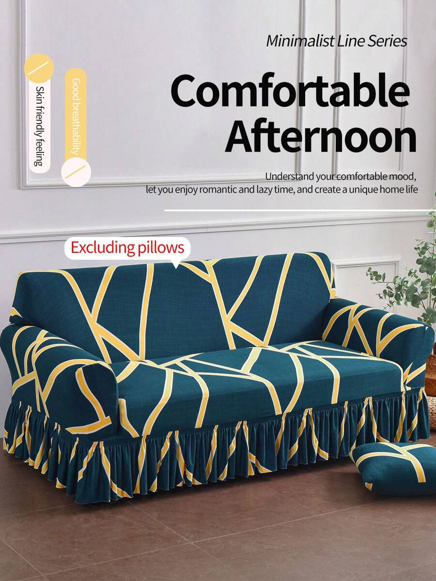1pc Elegant Sofa Cover, Milk Silk Fabric, Elastic, Non-Slip, Suitable For Spring, Summer, Autumn And Winter, Printed Line Geometric Floral Ruffle Design