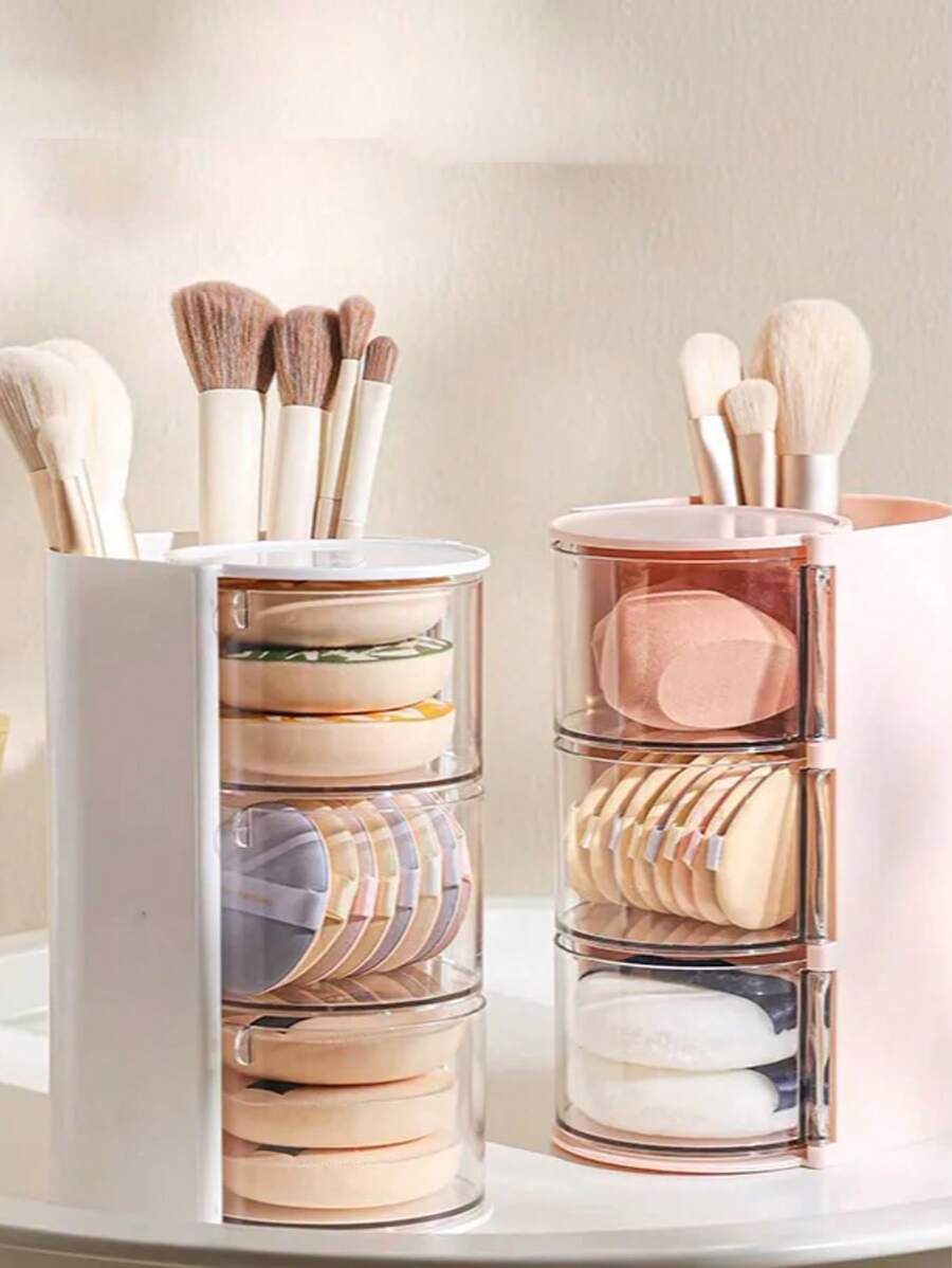 1pc Multifunctional Rotating Makeup Organizer, Dustproof Tabletop Storage Box For Makeup Brushes, Makeup Sponge, Lipsticks, Eyebrow Pencils