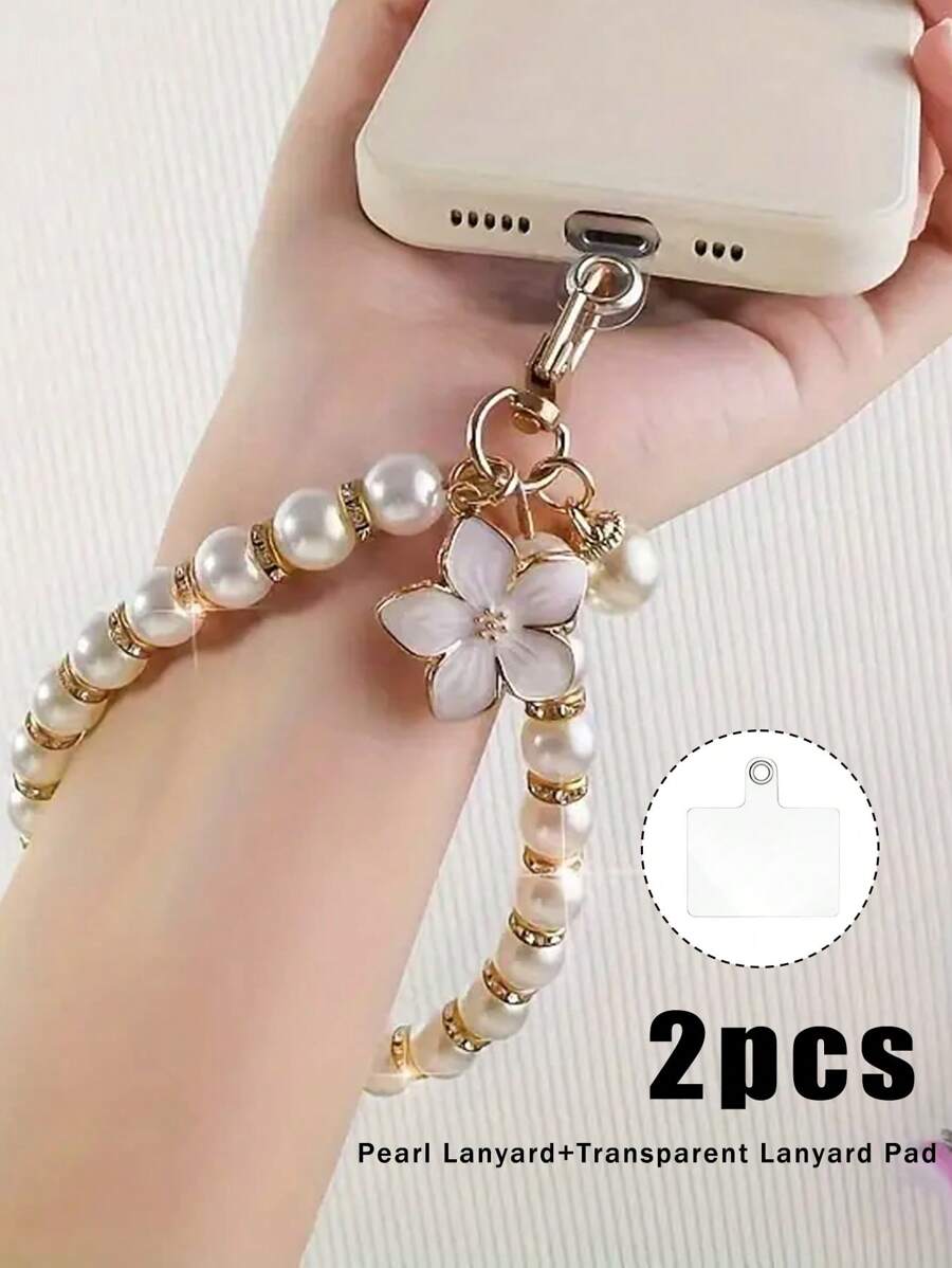 2pcs Short And Elegant Handmade Cherry Blossom Pearl Bracelet With A Transparent Pad, Mobile Charm Phone Chain Accessories, And Fashionable Women's Phone Strap, Universal Phone Hanging Rope Pad, Mobile Phone Hanging Rope, Small Fragrant Pearl Flower Bead Pendant, Phone Case Keychain Hanging Accessory, Luggage Hanging Chain Accessory, Keychain Hanging Accessory, Headphone Bag Pearl Pendant