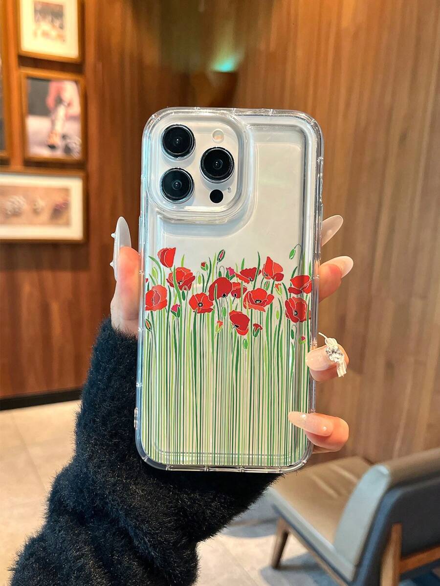 Funda de teléfono a media pantalla con flor roja y amortiguación de aire, compatible con 16 Pro Max/11/12/13/14 Plus/15 Pro/XR/XS