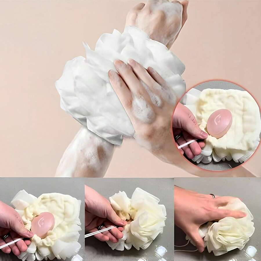 2-en-1 Pochette de savon de bain et boule de douche, Fleur de bain, Éponges de douche moelleuses multicolores, Maintient le savon de barre - Boule de douche exfoliante en maille pour le gel douche et une peau lisse. Décoration de salle de bain à la maison, décoration d'automne, retour à l'école