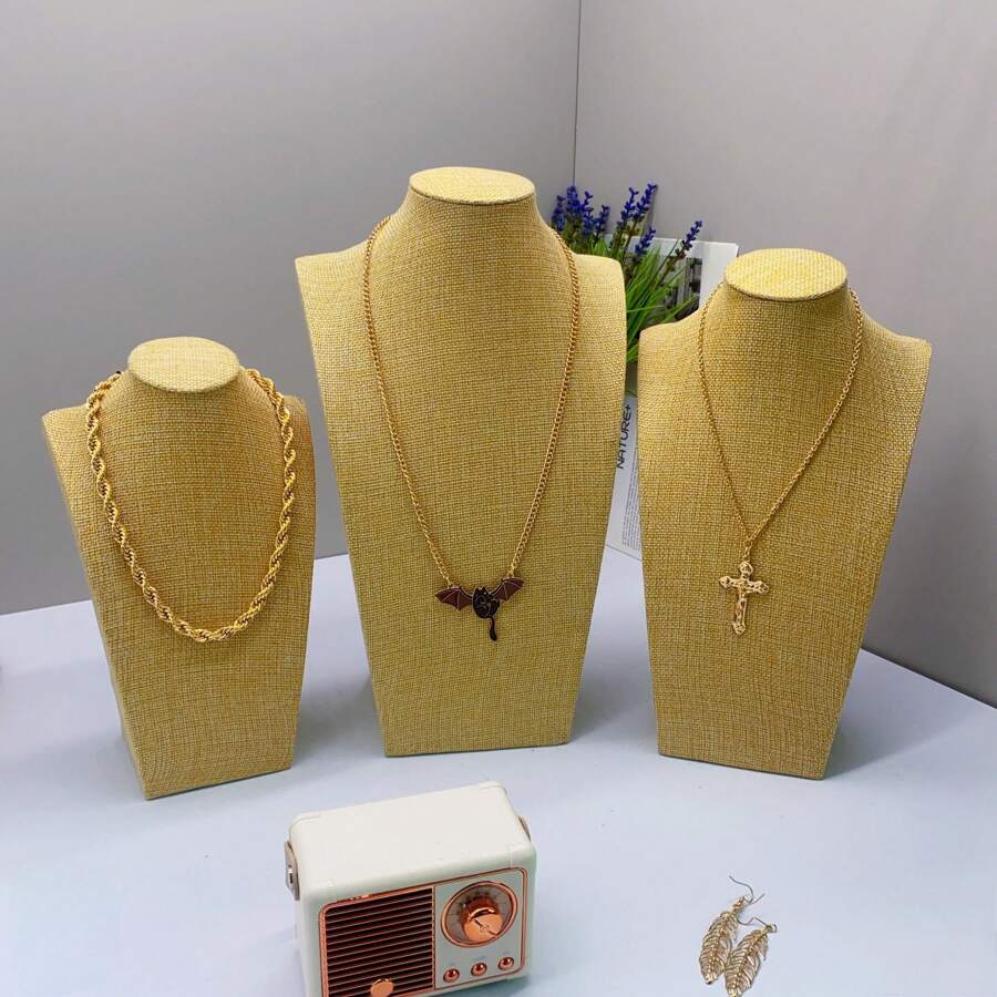 Premium Yellow Linen H-Shaped Human Model Bust Display Stand - Jewelry Necklace Storage Hanger, Suitable For Jewelry, Gold Exhibit Base, Neck Decor Accessory Portrait Storage Display Rack
