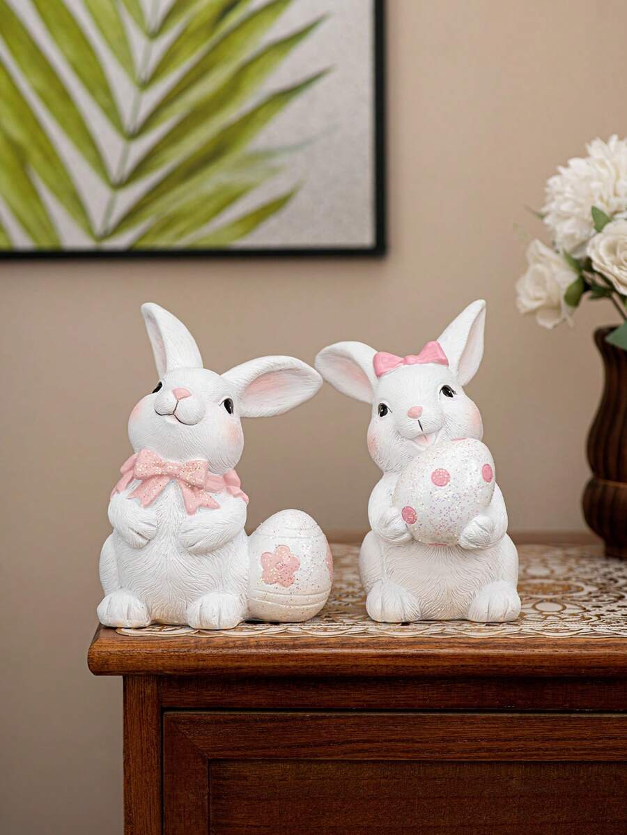 1 Peça Coelho de Resina Segurando Ovos Decorados com Laço, Estilo Minimalista Fofo, Adequado para Dia das Mães, Páscoa, Quarto, Sala de Estar, Escritório, Decoração Doméstica, Escritório, Estante de Livros, Armário de TV