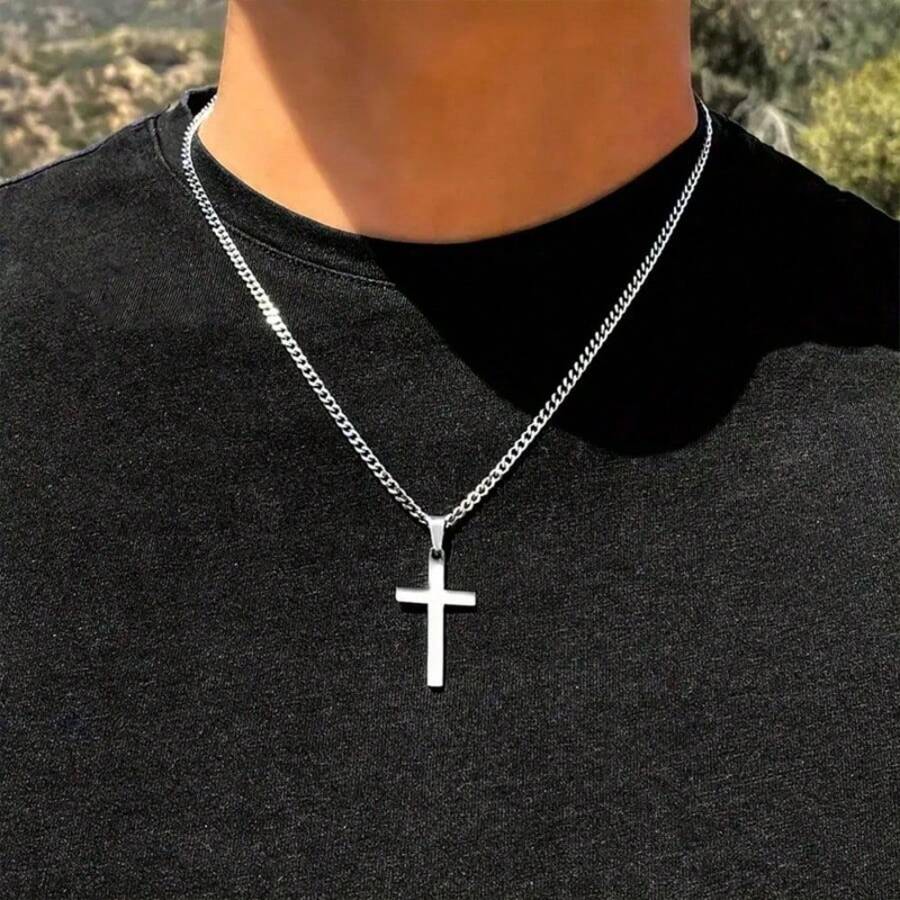 1 pieza Collar con colgante de cruz de acero inoxidable de moda para hombre - Ideal para uso diario, ¡regalo perfecto para el novio! Regalo para el Día del Padre