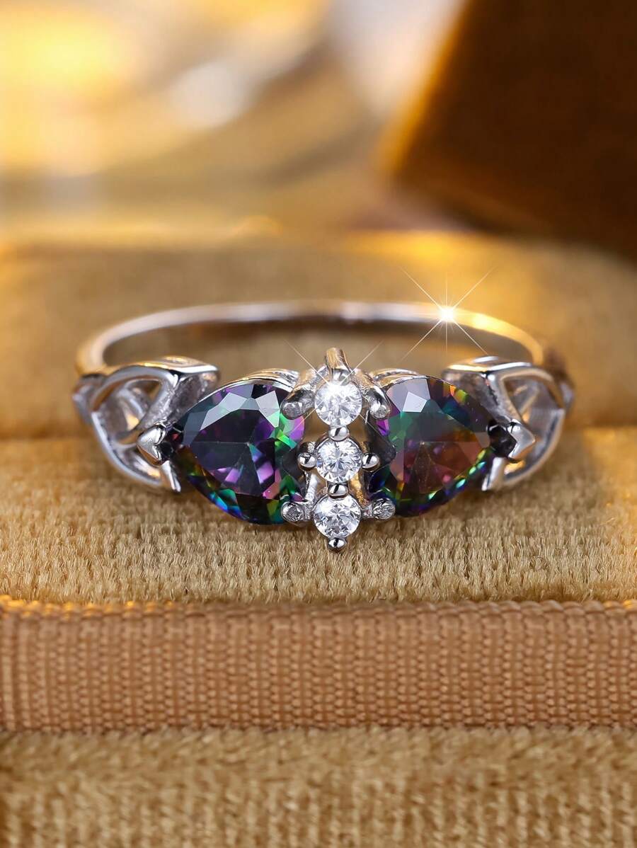 Unique Luxury 925 Sterling Silver Colorful Zirconia Heart Shaped Ring, Versatile For Dates, Parties, Vacations, Banquets, Everyday Wear, Anniversaries, Birthdays, Festivals, Gift