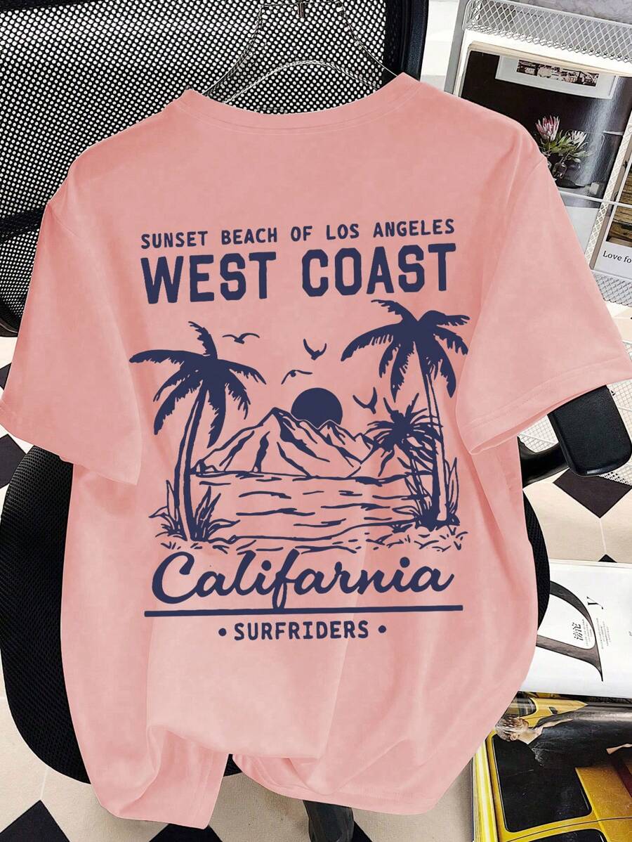 Teen Girl Sea View And SLogan Print Graphic Tees For Girl Short Sleeve T Shirts,Teen Girl's Summer Tops Crewneck Shirt Blouse
