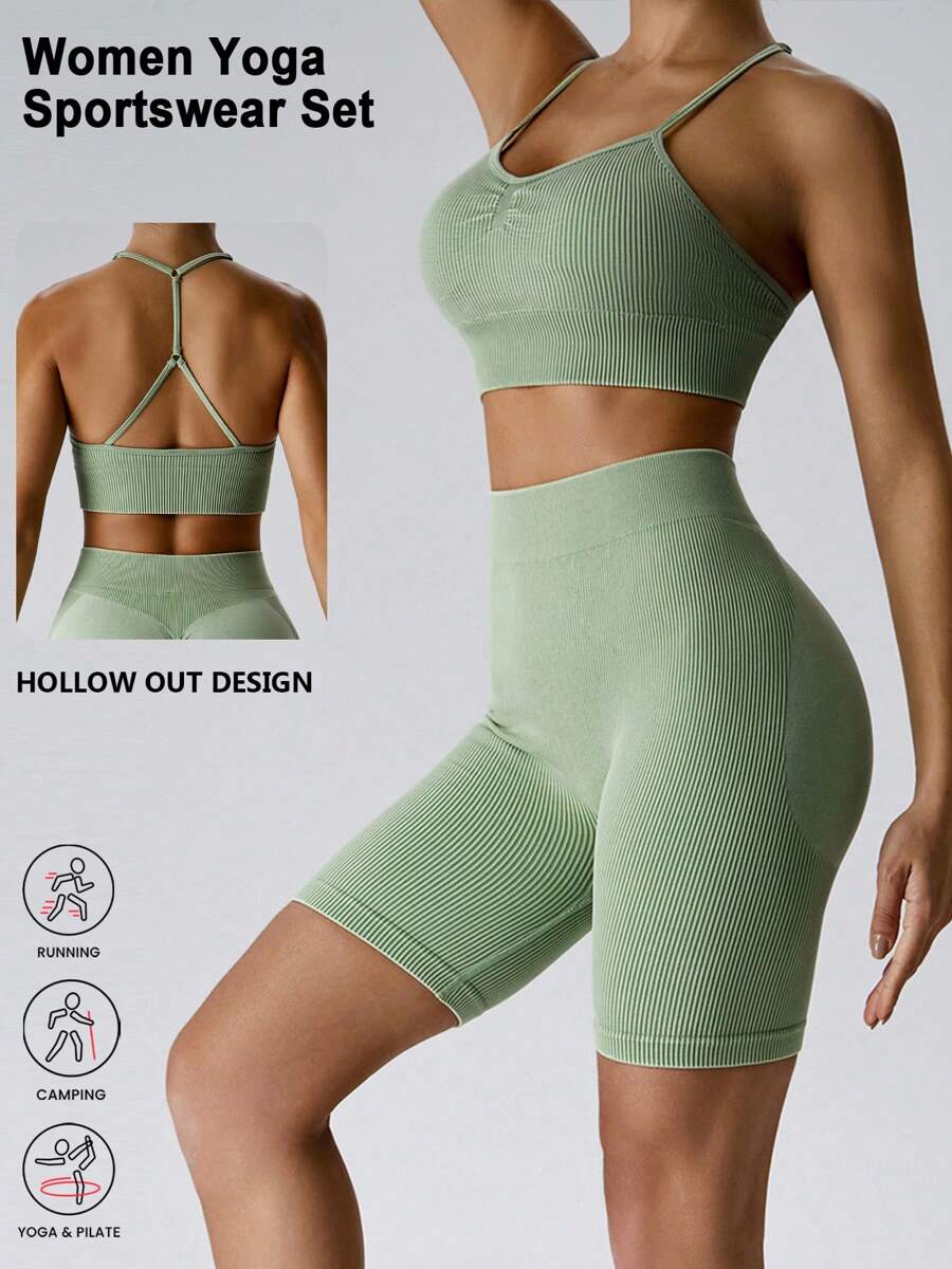 Set de 2 piezas con top tipo camiseta de mujer con correas ajustables y efecto mate, conjunto de ropa deportiva de yoga de cintura alta