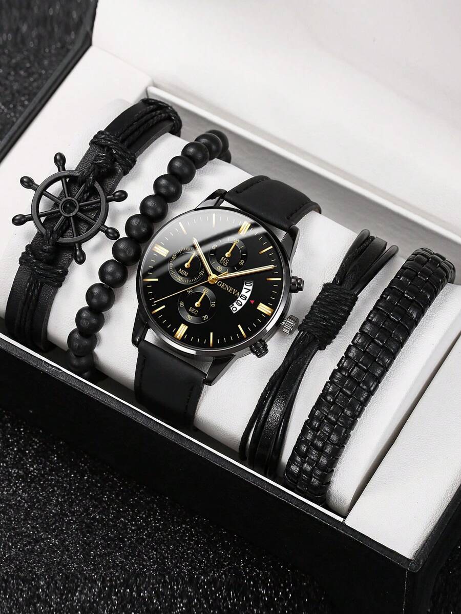 Set de 5 piezas de relojes vintage para hombre - Pulsera de cuerda de cuentas hecha a mano, reloj de piel de PU con pantalla de calendario precisa, cómodo para uso casual y deportivo, regalo ideal para él