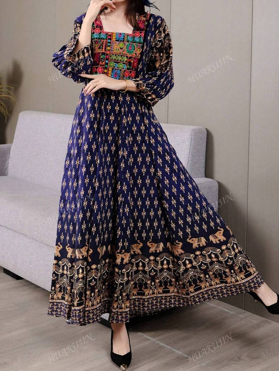 Vestido amplio de estilo modesto, apropiado para Medio Oriente, árabe, informal, bohemio, con bordados, artístico, retro, ideal para vacaciones y turismo