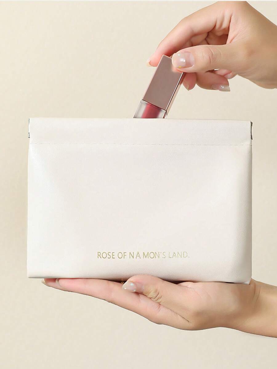 1pc Unisex Cream Color Press Open Cosmetic Data Cable Earphone Key Storage Pouch, PU Leather Mini Makeup Bag For Outdoor Travel, Auto-Closing Snap Lipstick Bag
