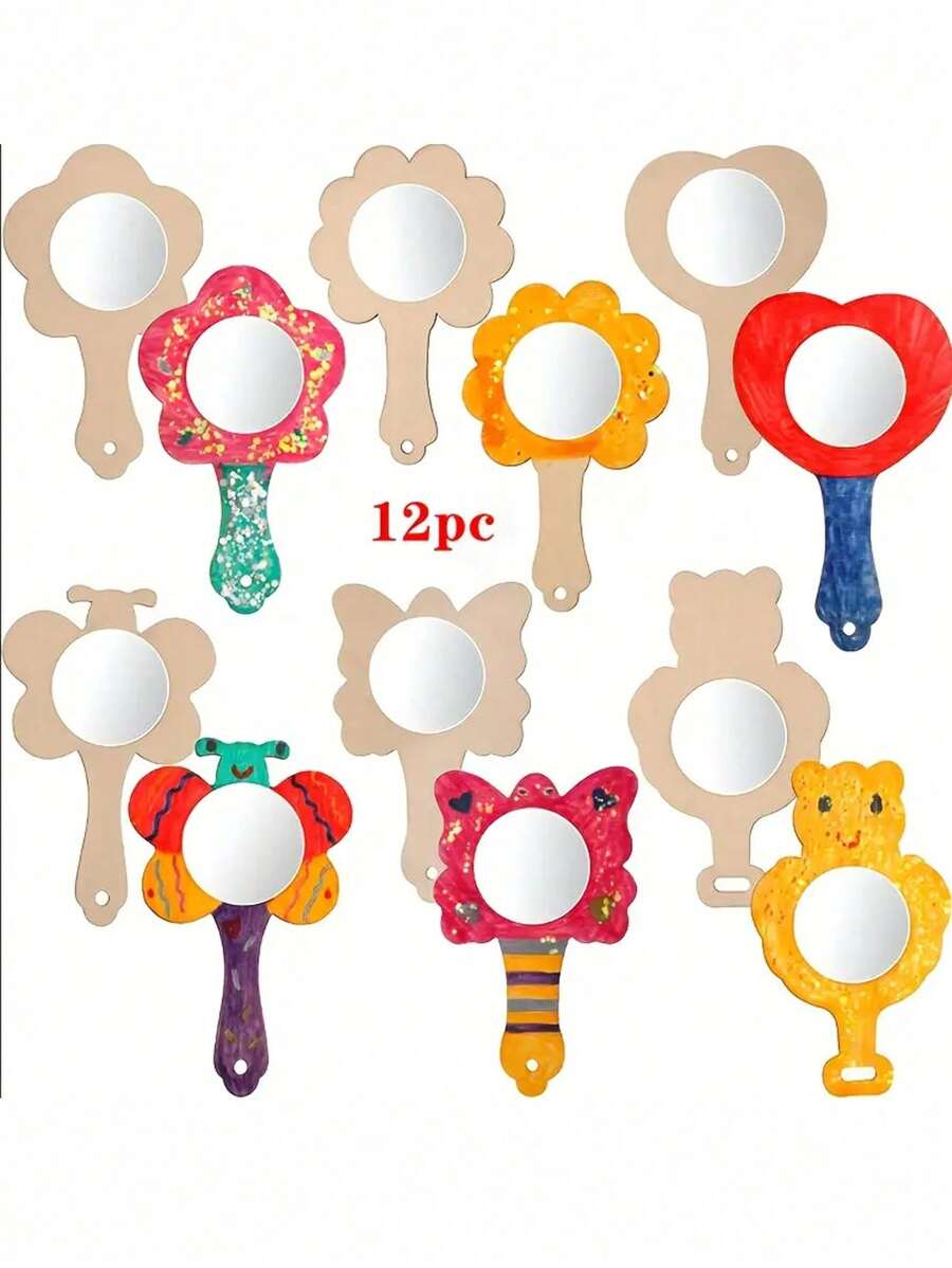 12pcs Wooden DIY Paintable Hand Held Mirrors, Creative Craft Kit, 3.35 X 5.12 Inches, Great For Holiday Gifts, Valentine's Day And Mother's Day