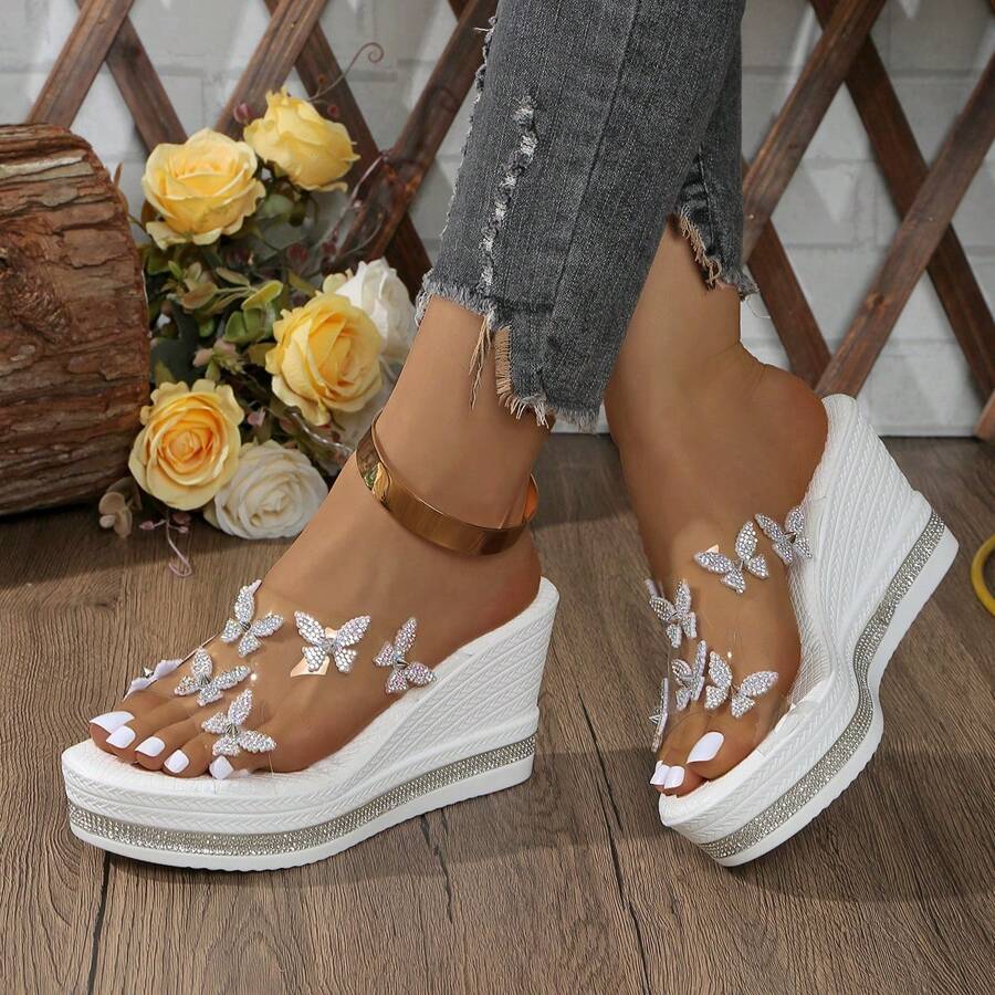 Bohemian Platform Wedge Transparent Rhinestone High Heel Sandals, Casual Versatile Fashion For Summer