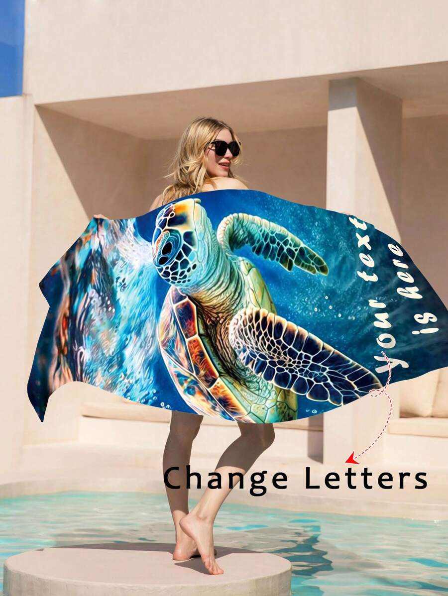 Custom Letter Printing Quick Drying Towel With Sea Turtle Design, Double-Sided Plush Beach Towel, Swimming Towel, Absorbent Towel, Beach Towel, Rectangular Beach Towel, Portable, Digital Printing, Large Size Summer,Holiday