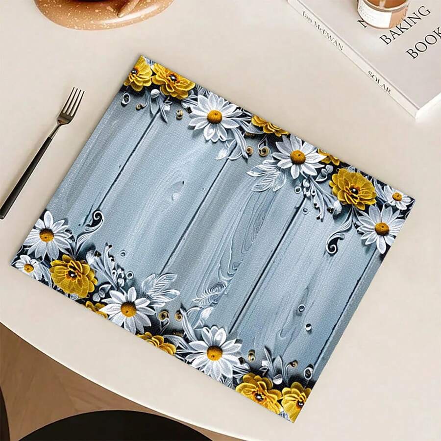 4pcs/Set Wood Grain & Floral Print Linen Placemats - Woven Linen Rectangle Tablemats For Dining, Kitchen - Anti-Slip & Heat Resistant Placemats For Coffee Table, Dinner Table Decor