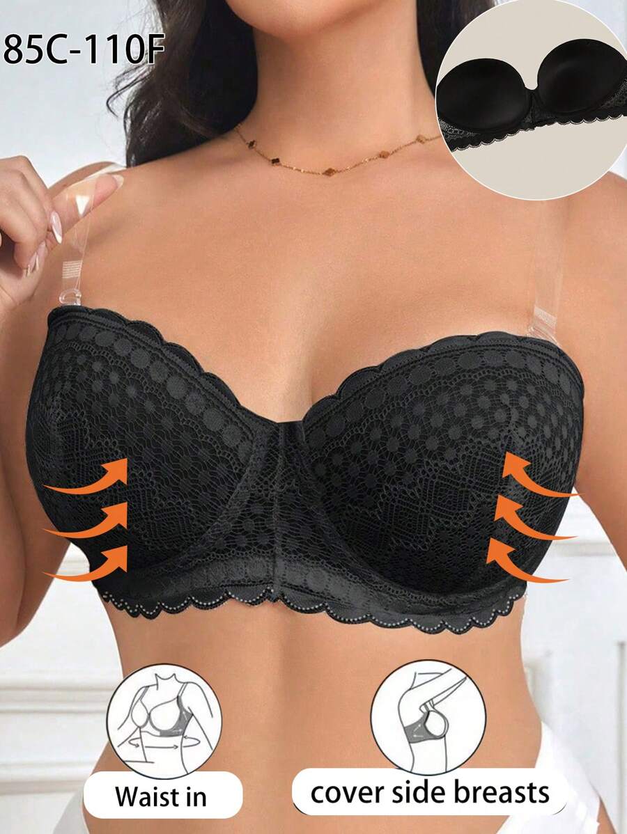 Soutien-gorge sans bretelles avec empiècements en dentelle et armatures, lingerie confortable pour femmes grande taille
