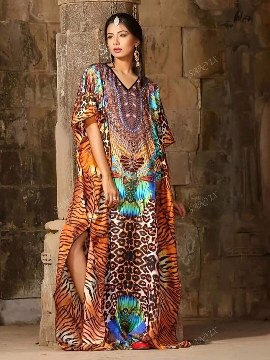 Ramadan Plus-Size Full-Body Pattern Long Kaftan Dress, Elegant V-Neck Bat-Sleeve Dress, Women's Plus-Size Clothing