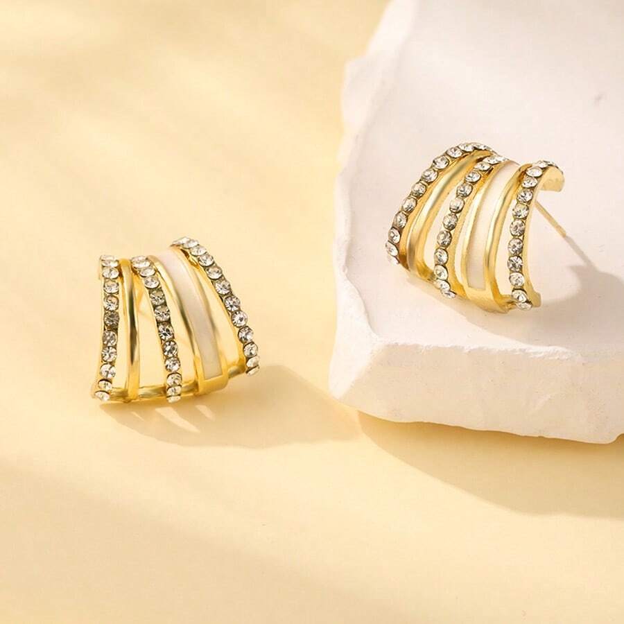 1 paire de boucles d'oreilles géométriques en forme de C avec incrustation de pierre d'œil de chat, accessoire polyvalent pour le quotidien et les fêtes