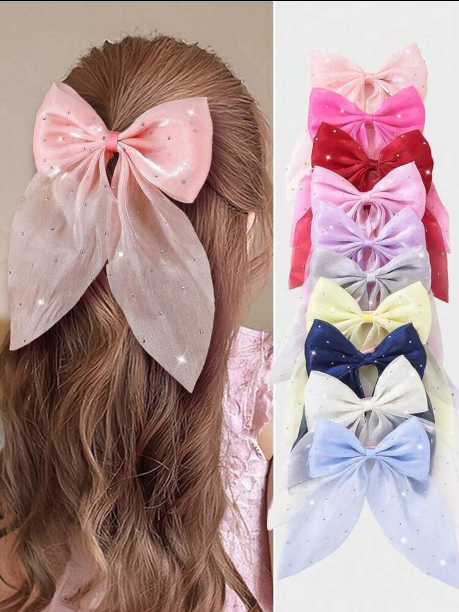 10pcs Random Assorted Women's Starry Sky Pearl Rhinestone Bow Ribbon Lace Bow DIY Accessory For Bag, Clothing, Hair Clip