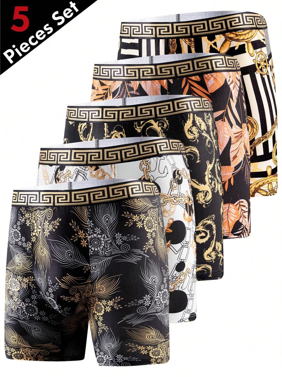 5pcs/Set Men's Fashion Long Boxer Briefs, Breathable Thin Underwear