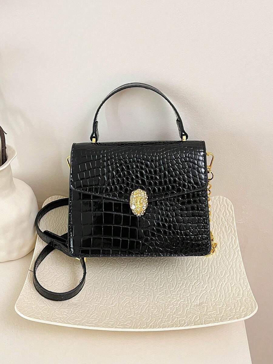 1pc Black PU Elegant Minimalist Crocodile Skin Pattern Metal Buckle & Chain Flap Cover Shoulder Handbag, Suitable For Ladies Spring/Summer, Office Commuter Bag, Outgoing Shopping Tote, Fit For Smartphone, Wallet, Lipstick, Keys, Tissue, Fashion Accessory