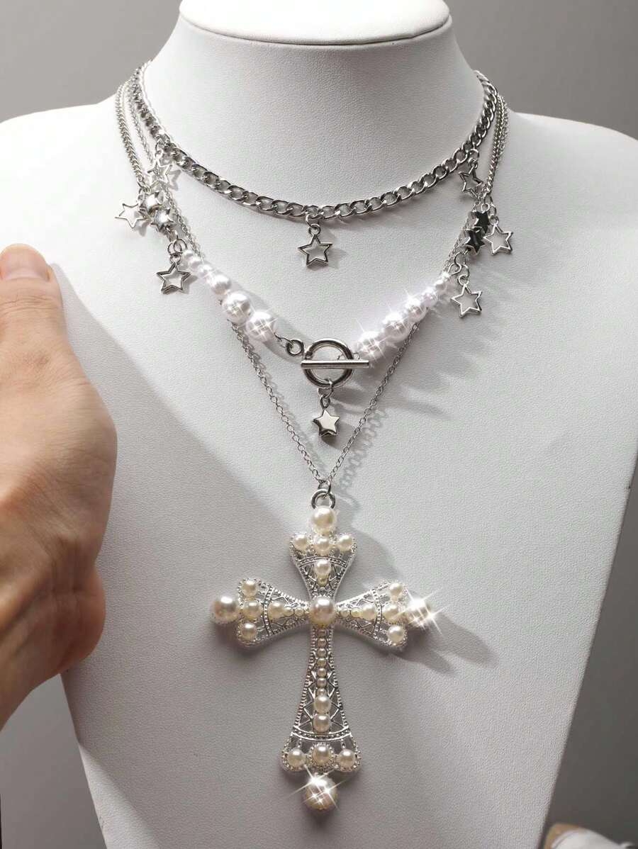 Set de 3 collares vintage góticos personalizados multicapa con estrella, cadena NK, cruz y perla falsa para mujer, collar de cruz y perla, choker de alta gama de estilo hip-hop único y exclusivo