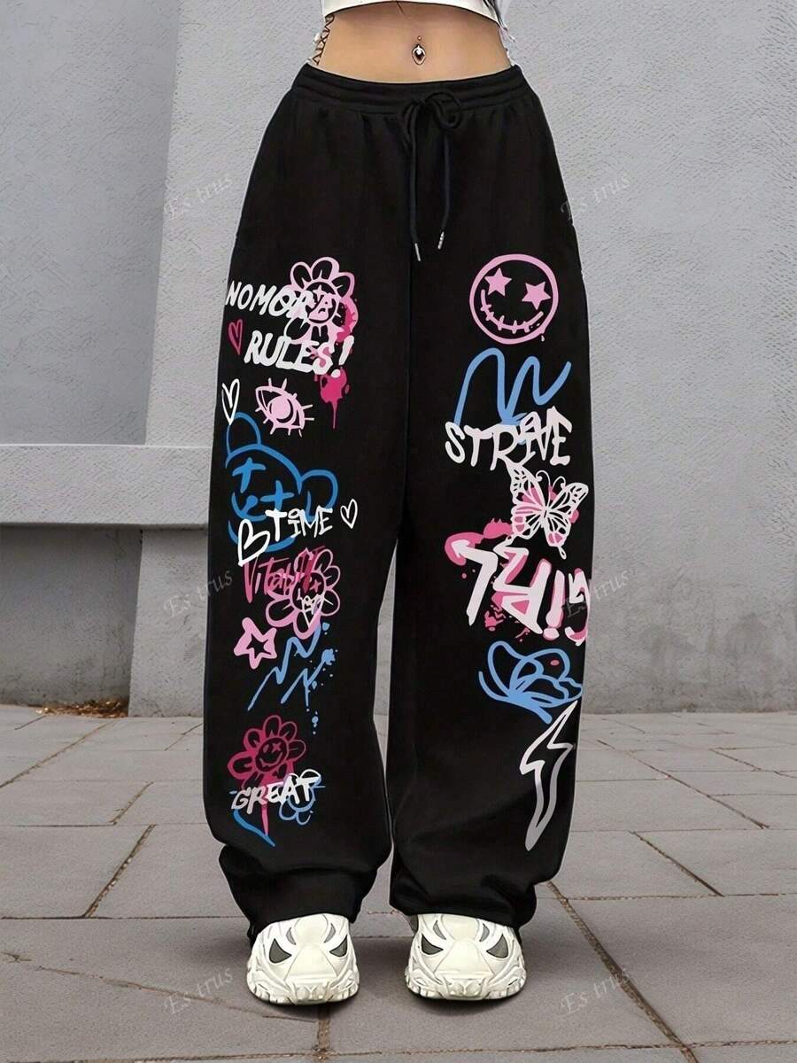 Women's Fun "Graffiti" Pattern Printed Straight Pants, Korean Comfortable Retro Fashion Commuting Versatile Y2k Women's Clothing, Street Regular Niche Punk Straight Pants Women's Clothing Front Pocket Simple Straight Pants Daily Leisure