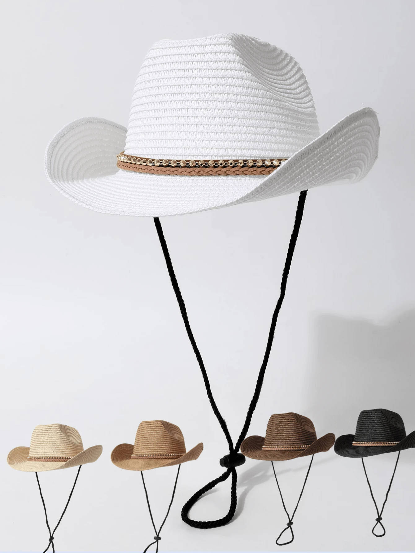 1pc Women's Panama Hat, Jazz Hat, Sun Hat, Beach Hat, Woven Leather Brimmed Hat With Rivet Decor, Suitable For Beach, Hiking, Western Themed Events, Parties, Role Play, Graduation, Masquerade, Festivals, Weddings, Birthdays, Music Festivals, Spring/Summer Wear