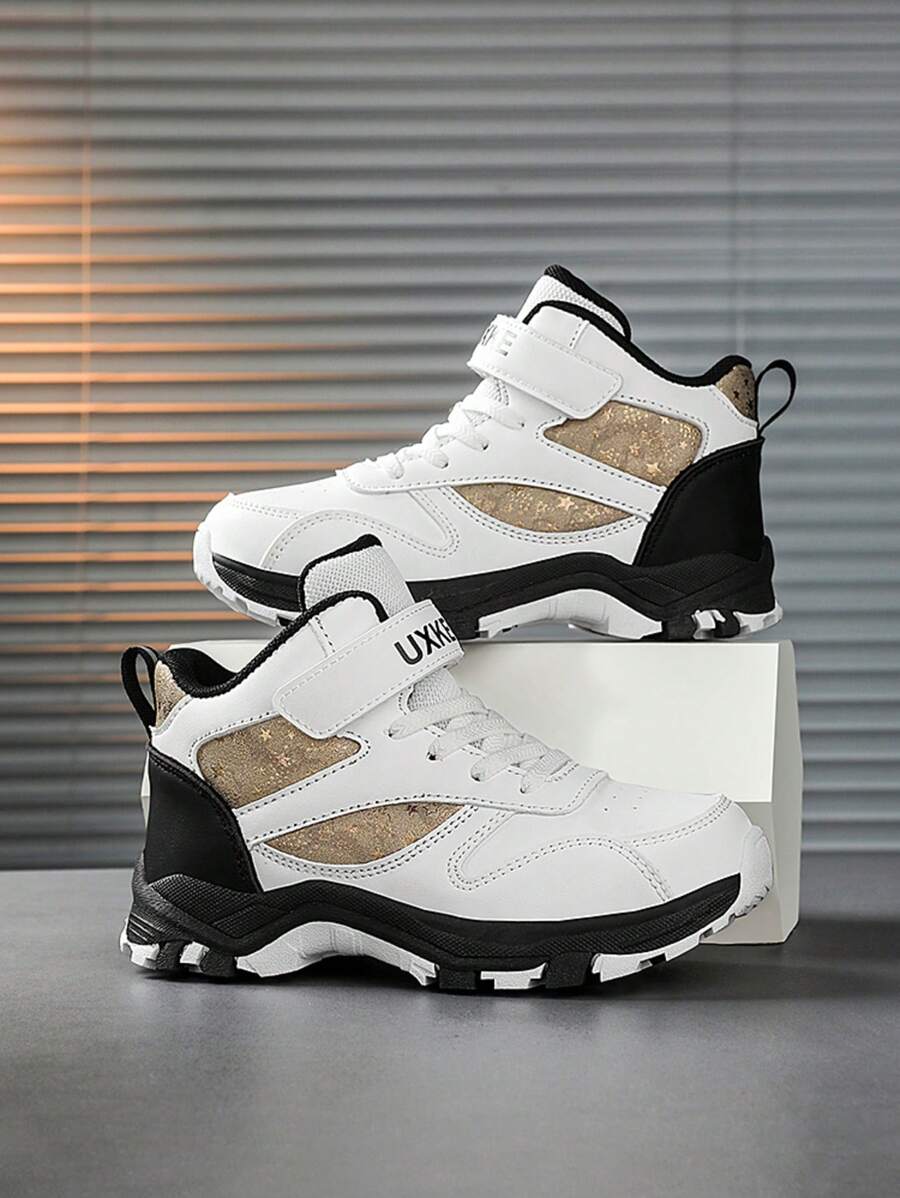 1 Pair Kids Boys Sports Shoes With PU Leather Upper And Hook And Loop Design, Boys Basketball Shoes, Outdoor Hiking Sneakers, Suitable For All Seasons